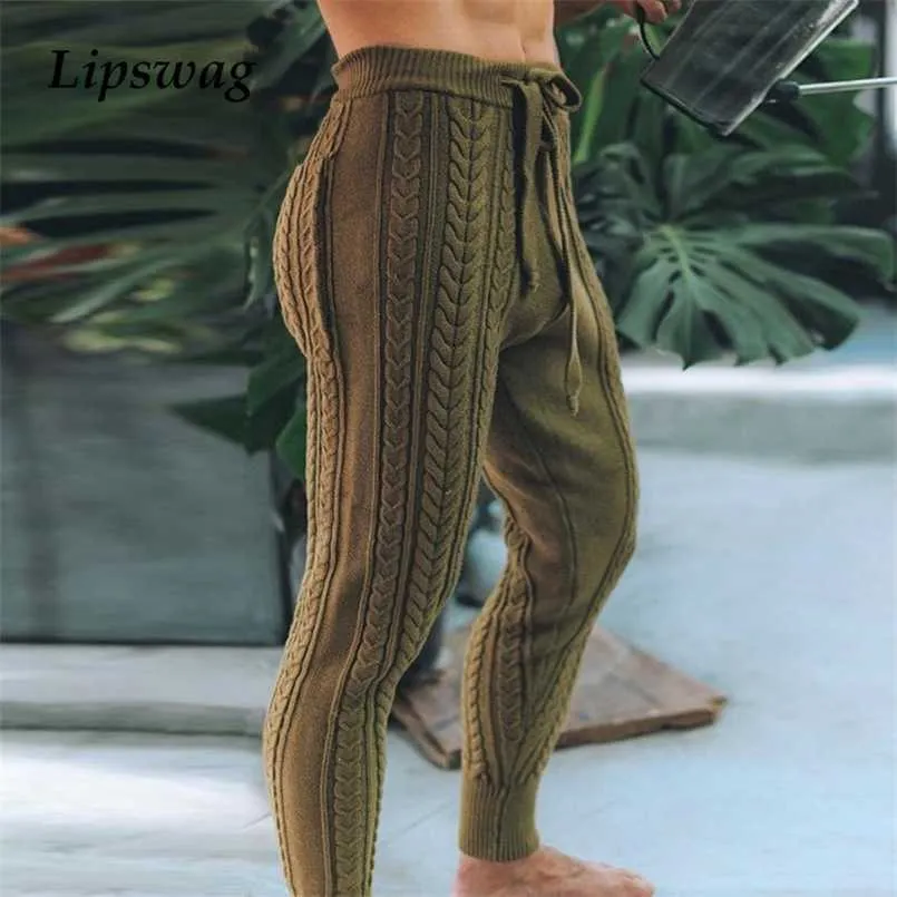 Outono inverno homens moda fina fita fita calça casual zíper movimentando calças masculinas mid cintura cordão streetwear 211013