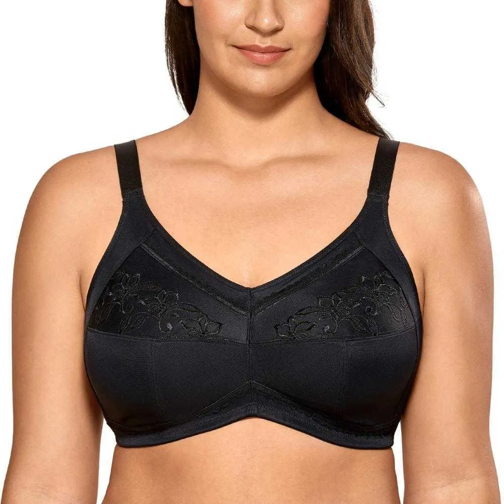 Kvinnors bomull Broderad Full täckning Support Wirefree Non-Padded Mastectomy Pocket Bra Plus Storlek 210623