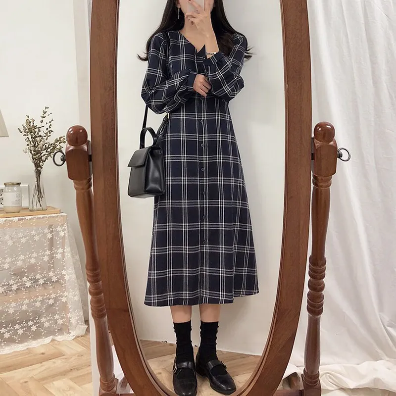 knee length dresses for ladies No.40 V Neckline Linen Day Dress in Stirling Plaid main image 0