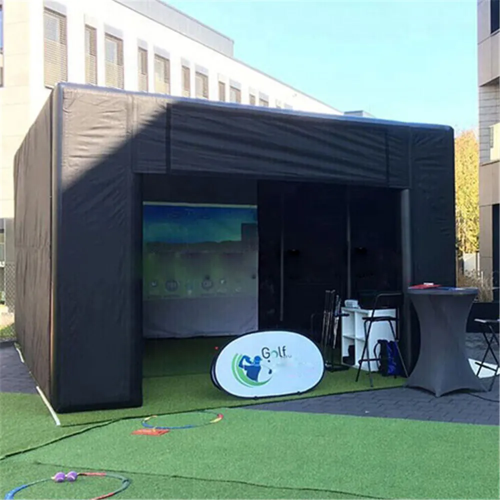 Hinterhof-Simulator-Trainingszelt, kundenspezifisches, mobiles, luftdichtes, aufblasbares Golf-Filmhaus aus PVC mit stoßfestem Schirm