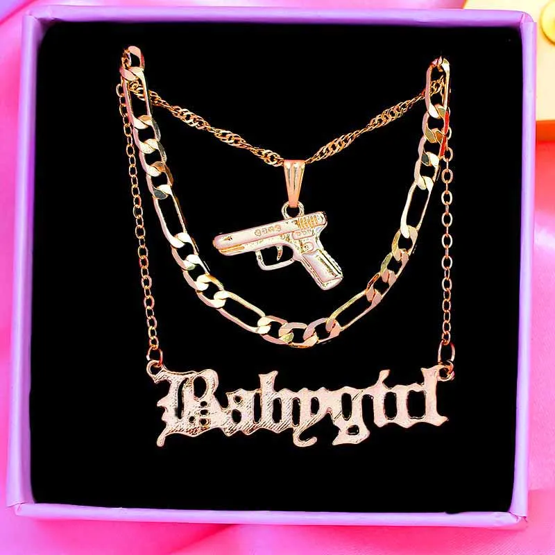 Punk Hip Hop Pistol Submachine Pendant Necklace for Women Men Gold Color Metal Long Chain Fashion Jewelry