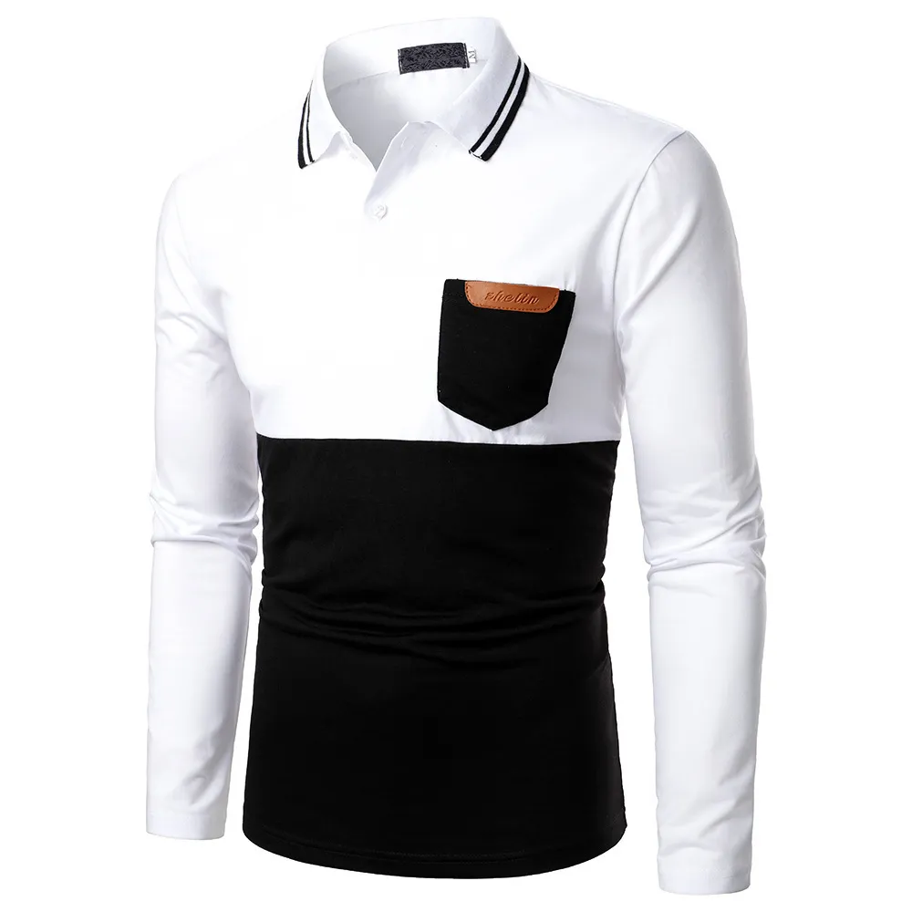 Пэчворк поло рубашки поло с длинным рукавом повседневная мужская футболка Slim Polo Para Hombre Splice быстрых сухих камизов карманный Colorblock 210524