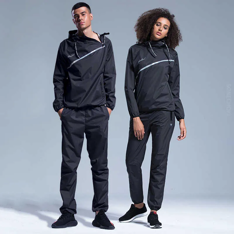 Sauna terno emagrecimento homens ginásio vestuário conjunto mulheres hoodies pulôver sportswear rodando fitness perda de peso suando casal tracksuit 211006