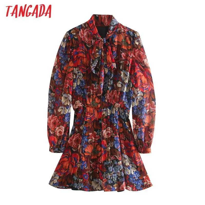 Tangada women flowers print golden yarn chiffon shirt dress long sleeve bow neck year dress 5Z7 210609