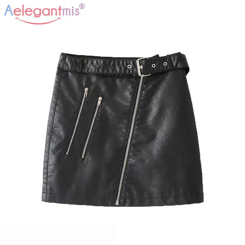 Aelegantmis Elegant Office Lady Zipper Pu Leather Skirt Women Summer Casual High Waist A-line with Belt Mini Short 210607