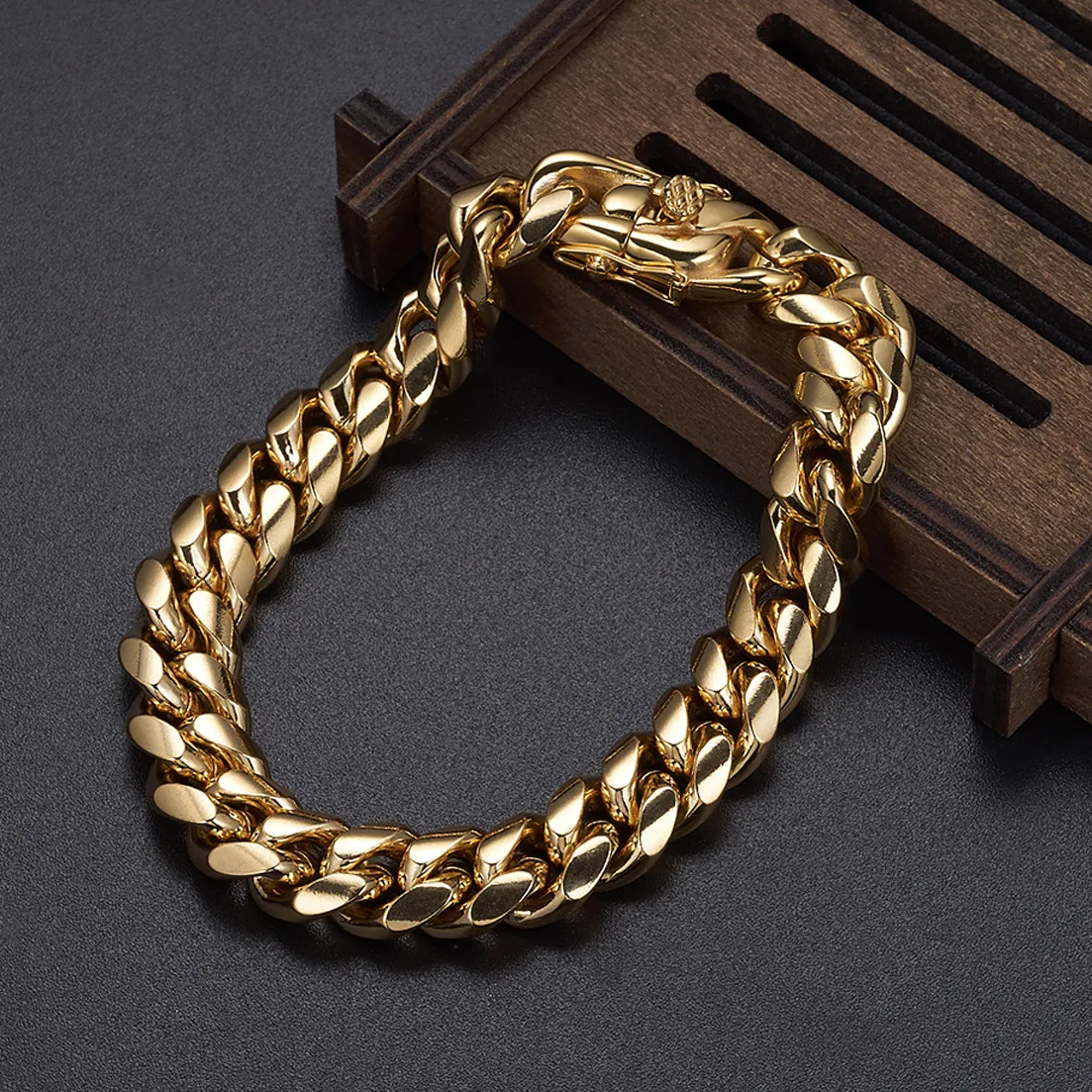 Męskie Hip Hop Cuban Link Bracelets Bracelets Stal nierdzewna 18K Real Gold Pleated Bangle Biżuter Prezent 818mm5255074