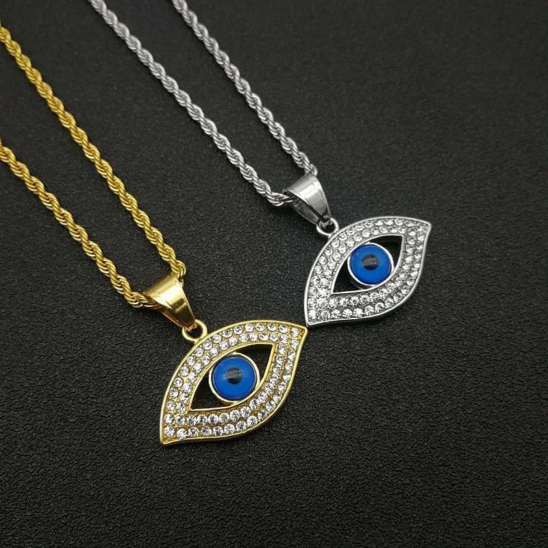 Hip Hop Iced Out Turkish Evil Eyes Pendant Necklaces Male Gold Color Stainless Steel Chains For Women Men Jewelry Drop