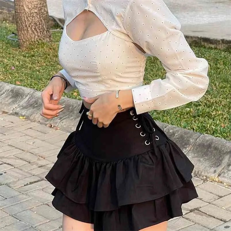 レトロなソリッドカラーハイウエストセクシーな中空夏黒短いスカートフリルAライン女性スカート極端なセクシーミニマイクロスカート210730