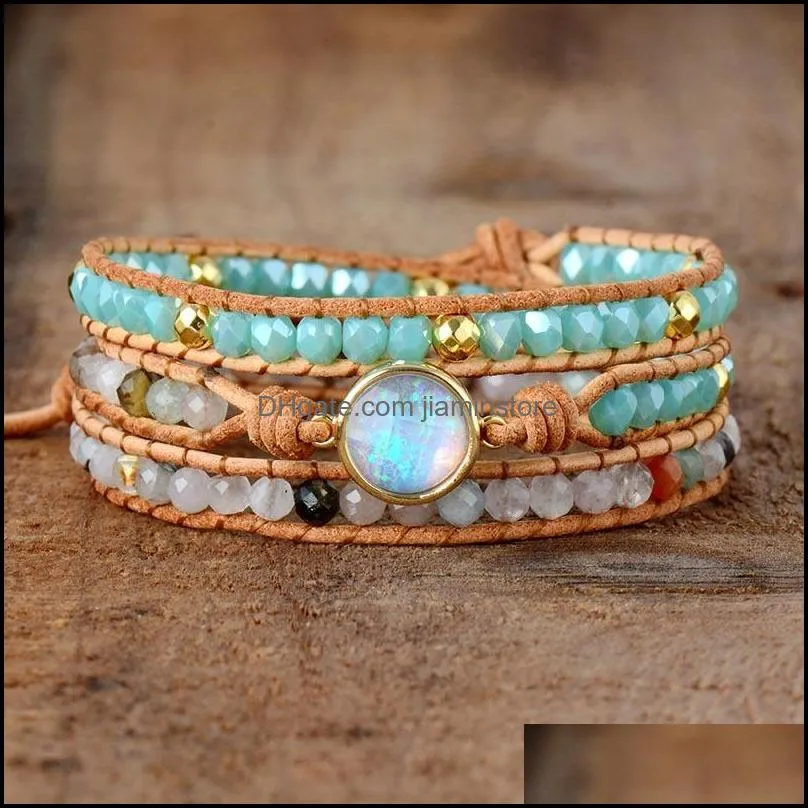 Top Quality Women Bracelets Natural Opal Stone 3 Rows Leather Wrap Bracelet Fancy Femme Boho Dropship 220215