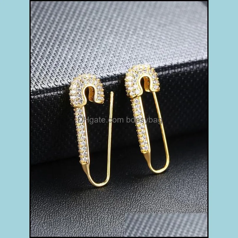 Stud Gold Safety 925silver Color Pin Earring Black CZ Stone Zircon For Women Charm Jewelry