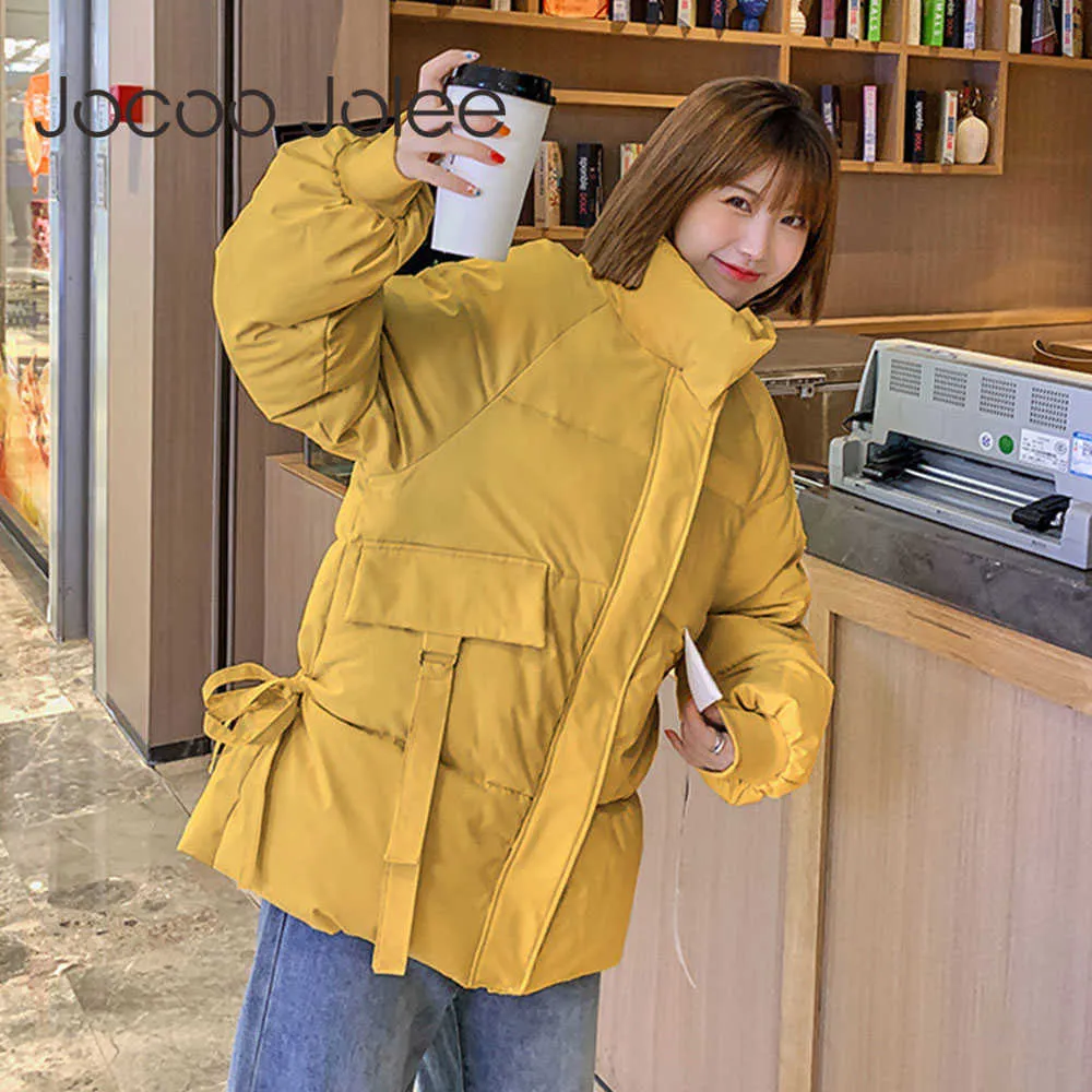 Elegante koreanische Daunen-Baumwoll-gepolsterte Jacken beiläufige feste Parkas Harajuku nette elastische Taille verdicken warme Mantel plus Größen-Outwear 210619