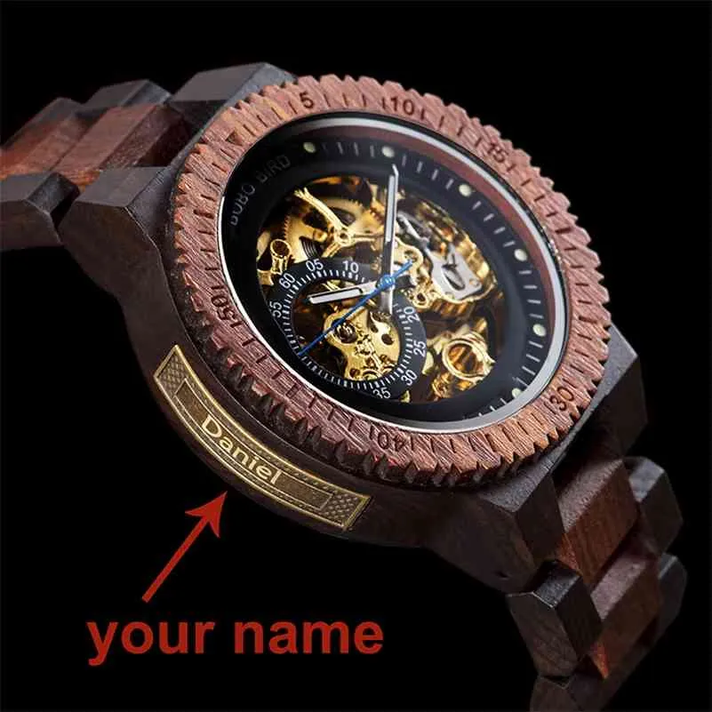 Spersonalizowane i dostosowane zegarek Mężczyźni Boborzy Bird Wood Automatyczne zegarki Relogio Masculino OEM Prezenty rocznicowe dla niego bezpłatne grawerowanie 210329