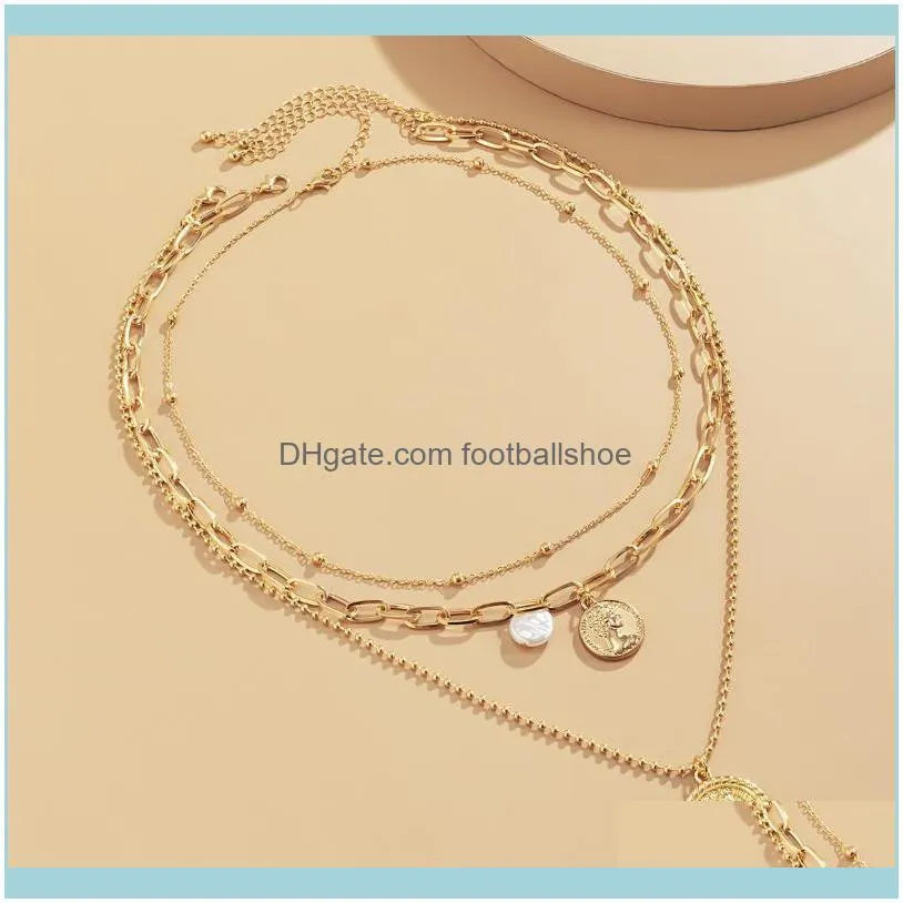 Simple Baroque Figure Relief Necklace Women`s Shaped Imitation Pearl Round Bead Chain Neck Chains