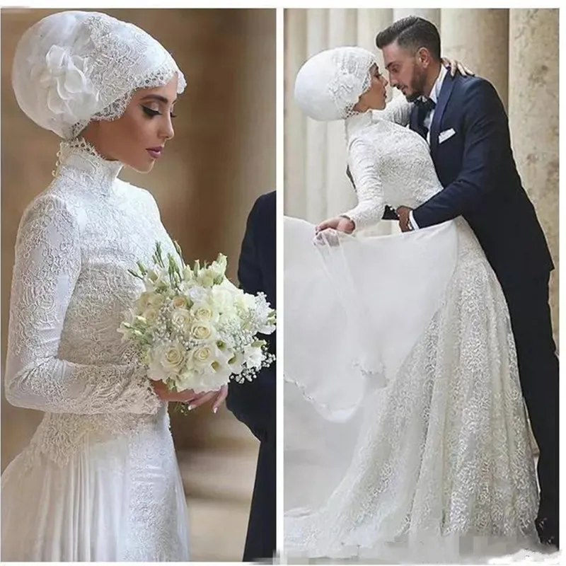 Modeste Robe De Mariée Musulmane Turc Gelinlik Dentelle Applique Longueur De Plancher Islamique Col Haut Robes De Mariée Hijab À Manches Longues Paty Robes