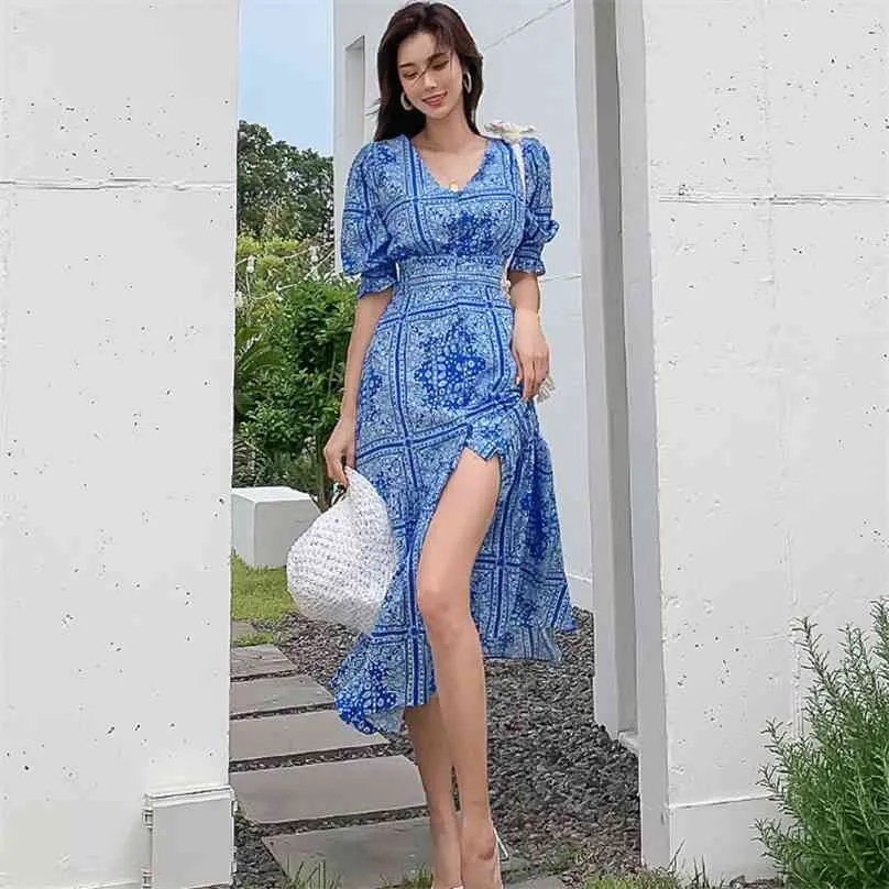 بوهيميا فستان طويل للنساء الصيف الأزرق الأنيق طباعة الخامس الرقبة الشيفون فستان الشمس مثير السيدات فضفاض شاطئ فساتين 210602