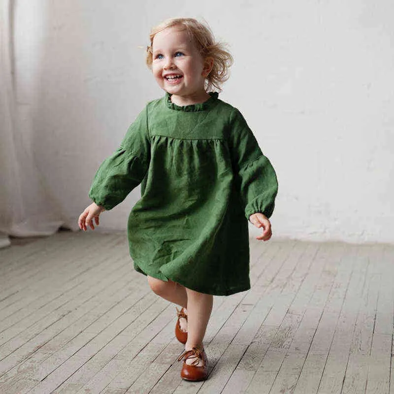 Autumn Toddler Kids Baby Girl Dress Pastoral Style Ruffles Long Sleeve Solid Cotton Linen Party Casual Dress Children's Clothes G1218