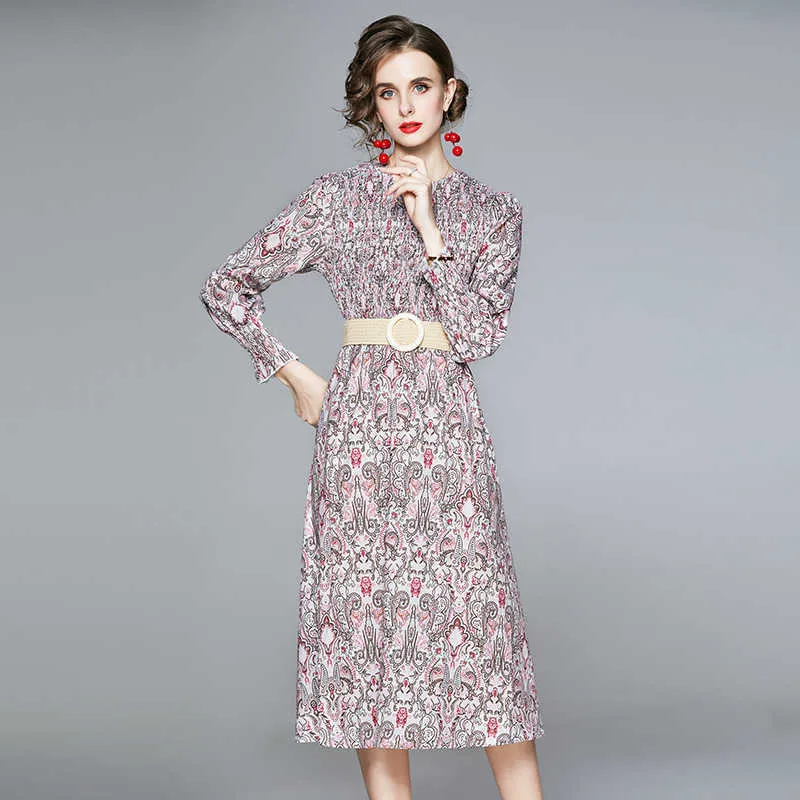 Mulheres Bohemian Vintage Print Festa Vestido Moda Elegante Feminino Feminino O Neck Manga Longa Vestidos de Férias Vestidos 210525