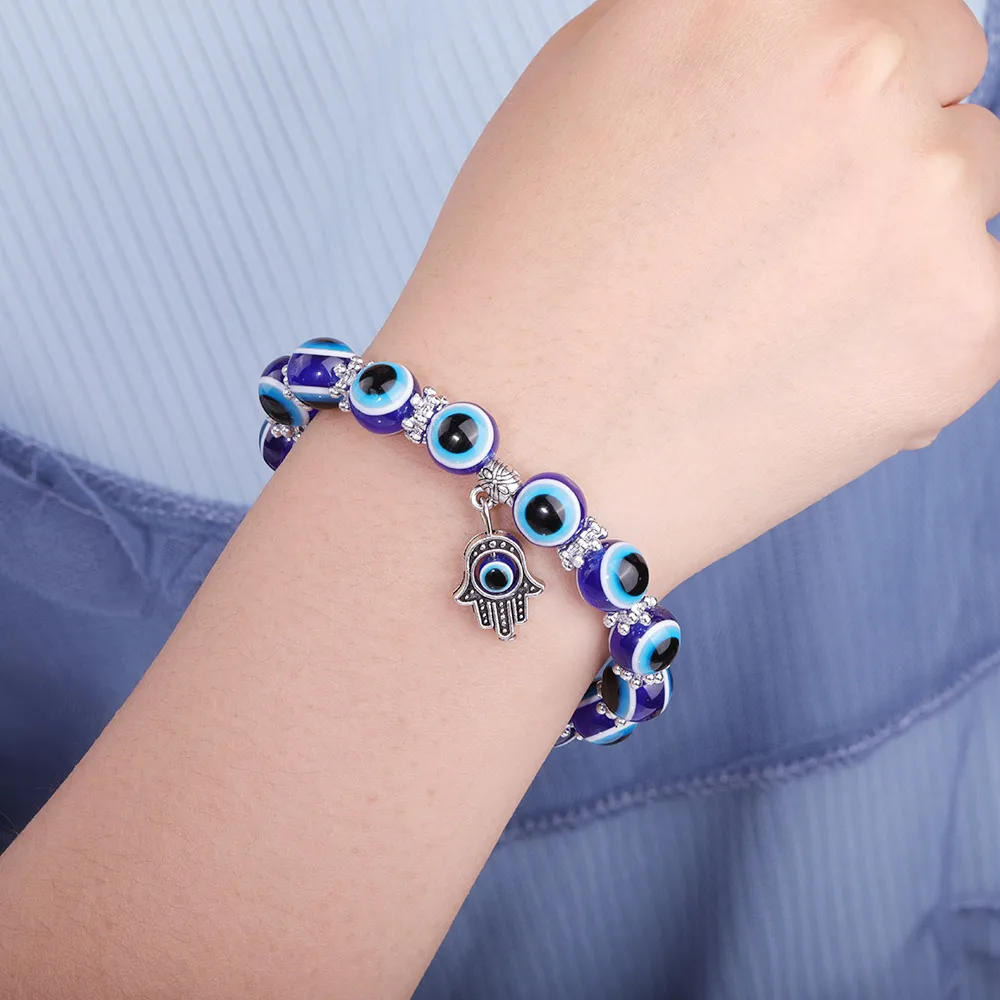 Turkiet Evil Blue Eyes Pärlarmband Kedja Hamsa Handberlock Elastiskt armband Armband Partihandel Smycken