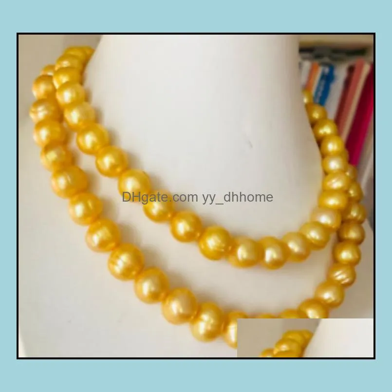 11-12mm Golden Natural Pearl Beaded Necklace 38inch 14k Gold Clasp Women`s Gift Jewelry