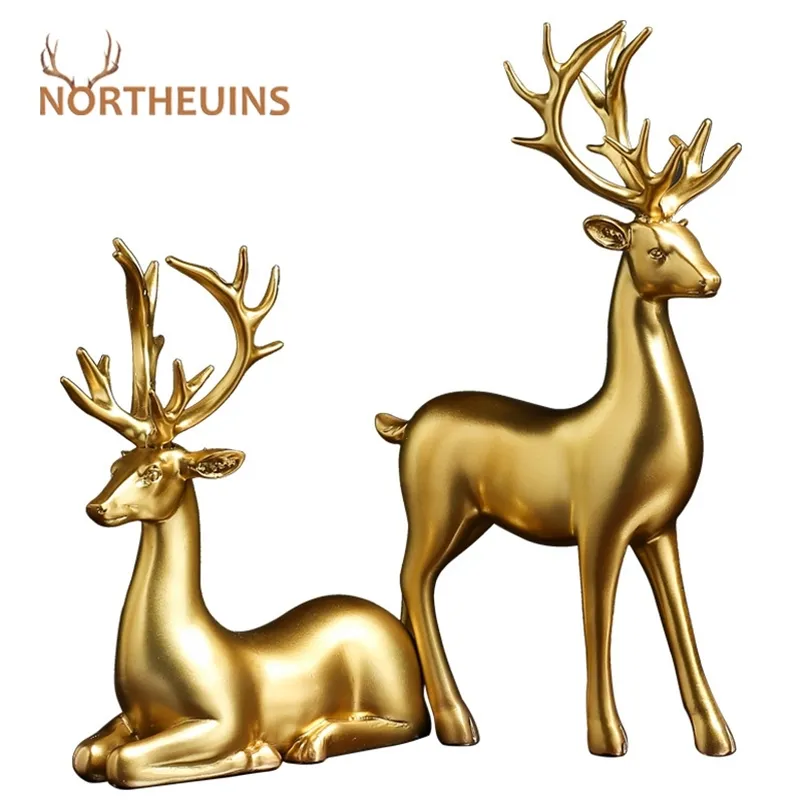 NORTHEUINS Resin 1 Pcs Golden Deer Figurines for Interior Nordic Animal Statues Trinkets Sculpture Home Decoration Accessories 210727