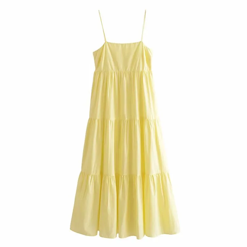 Cotton Midi Dress Women Yellow Strappy Backless Pleated A-Line Summer Dress  from Dhgate Basic & Casual Dresses - price 48.5
