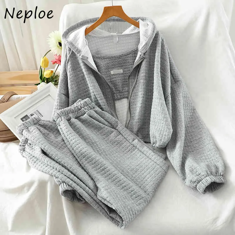 NEPLOE 3 Piece Set Solid Color Zip Bluzy sznurkowe + Seksowna Camis + Stretch Waist Casual Spodnie Moda Suit 210423