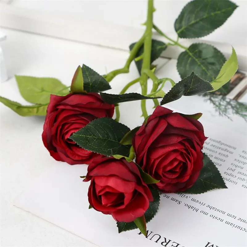 3 Heads Artificial Rose Flowers Retro Style Single Stem Realistic Fake Roses DIY Flowers for Home Office Party Decoration