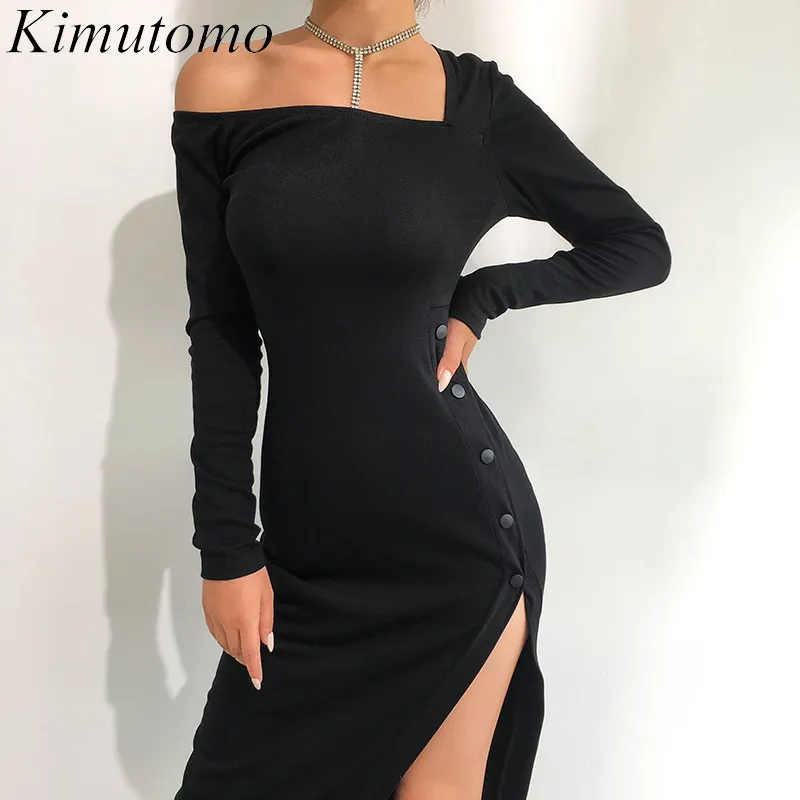 Kimutomo Off One Shoulder Asymmetrical Collar Dress Women Fashion Ladies Long Sleeve Solid Split Black Dress Spring 210521