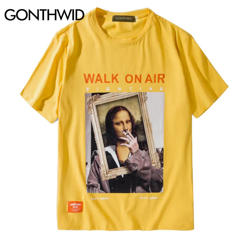 Gonthwid Smoking Mona Lisa T Shirts Mężczyźni Kobiety Śmieszne Hip Hop Casual Drukowane Krótki Rękaw Tshirts 2020 Moda Mężczyzna Streetwear Y0323