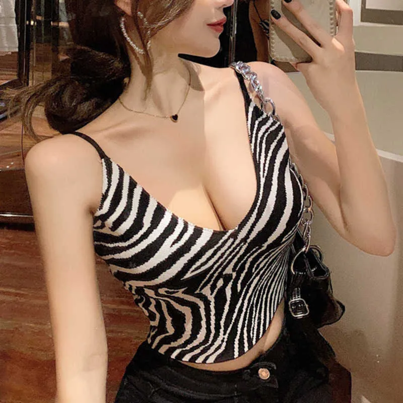 WOMENGAGA Summer Sexy Short Zebra Stripes Vest Slim Elastic Knitting Sling Tank Tops Korean Women Crop Top Tunic HK9C 210603