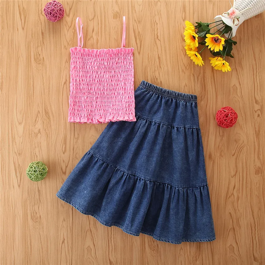 Flickor sommar kjol kostym tjej kläder rosa susender topp + denim casual barn 210515