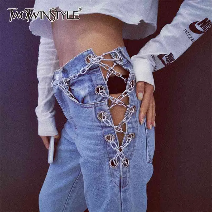 TWOTWINSTYLE Casual Full Length Pants High Wiast Patchwork Chains Hit Color Straight Vintage Jeans For Female Clothing Fashion 210708