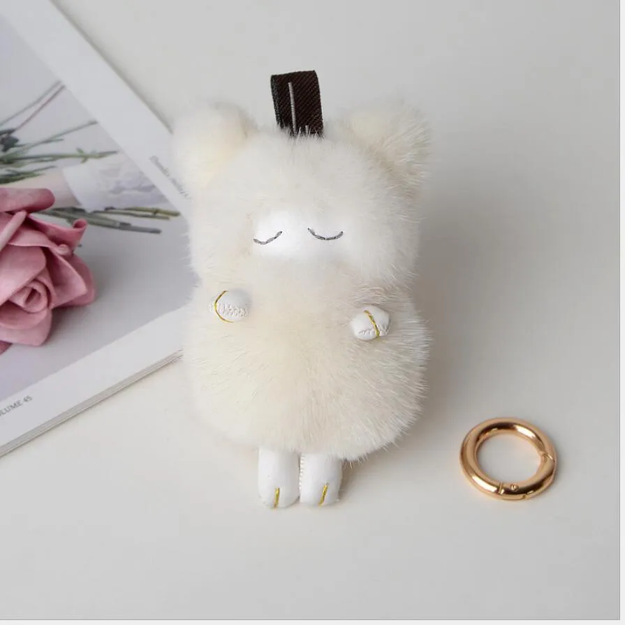 Real Mink Fur Keychain Fluffy Cute Sleep Sheep For Women Gift Bag Charms Car Keyring