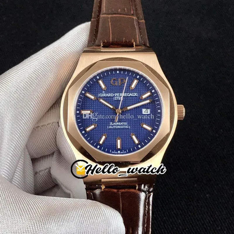 Limited 40mm GP Laureato Miyota Automatic Mens Watch 81005-52-432-BB6A Blue Texture Dial Rose Gold Case Brown Leather Strap Watches Hello_Watch 03B (1)