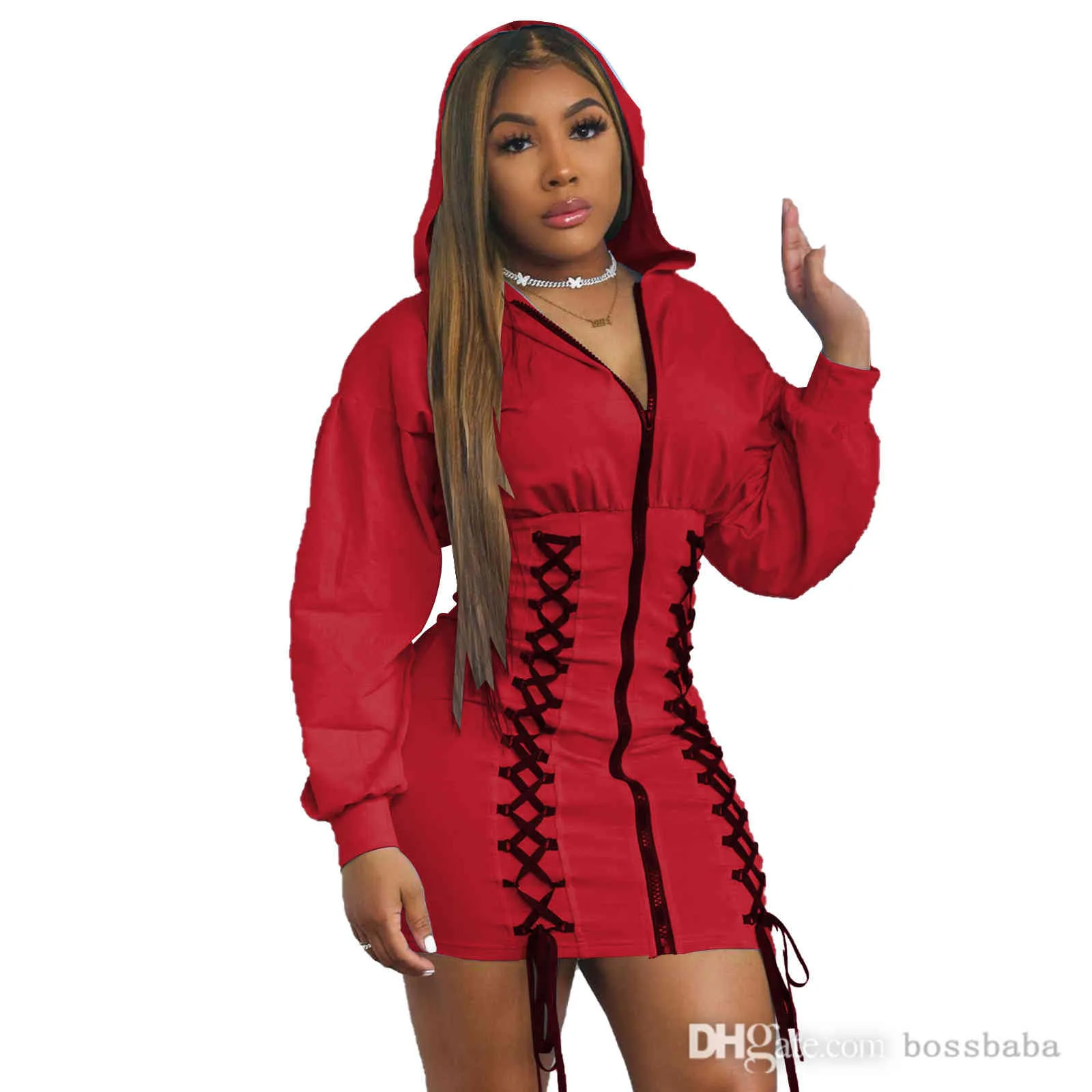 Women Hooded Dresses Solid Color Sweater Fashion Casual Large Bandage Decorative Long Sleeve Zipper Bodycon Dress Clubwear S-XXL