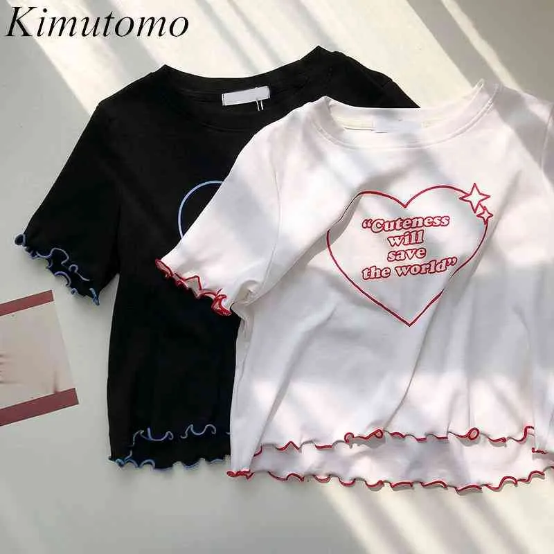 Kimutomo Lettre Imprimer Orthographe À Manches Courtes T-shirt Femmes D'été Mode Coréenne Femme O-cou Mince BM Vent Top Court 210521