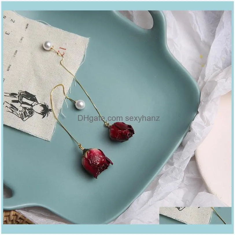 Jewelrysier Aiguille Boucles D'oreilles Fleur Naturelle Pour Femmes Filles Rose Foncé Longue Perle Tempérament Bijoux Cadeaux Dangle Lustre Drop Delivery