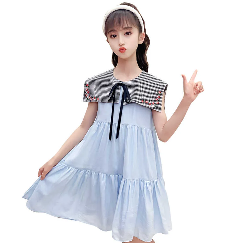 Dress Girl Plaid Pattern Girls Denim es Embroidery Children Party Patchwork Summer Costumes For 210528