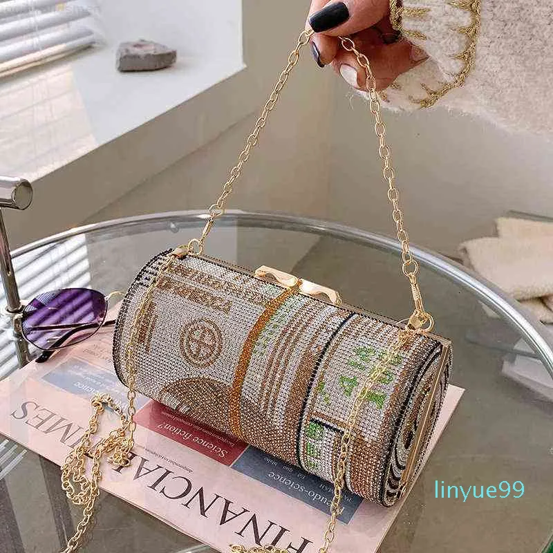 New Crystal Money Usd Diamond Barrel-shaped Party Purse Clutch Bags Dinner Purses and Handbags Dollar Design Luxury