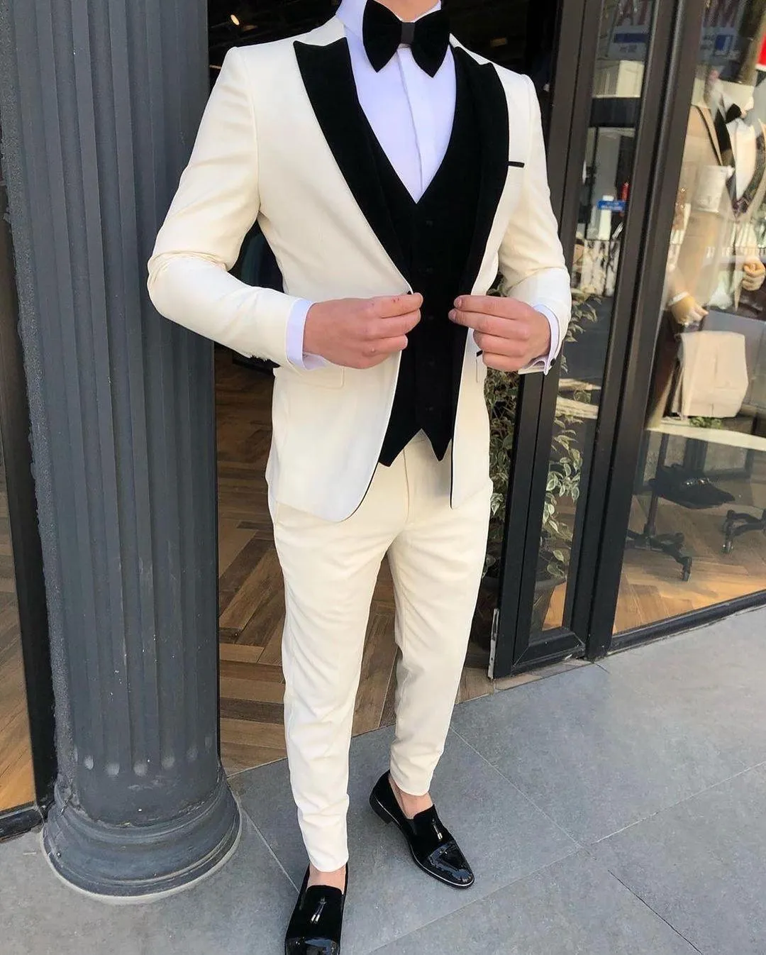 Cream White Mens Tuxedos Groom Wear Slim Fit One Button Wedding Blazer Suits Business Prom Party Jacket (Jacket+Pants+Vest)