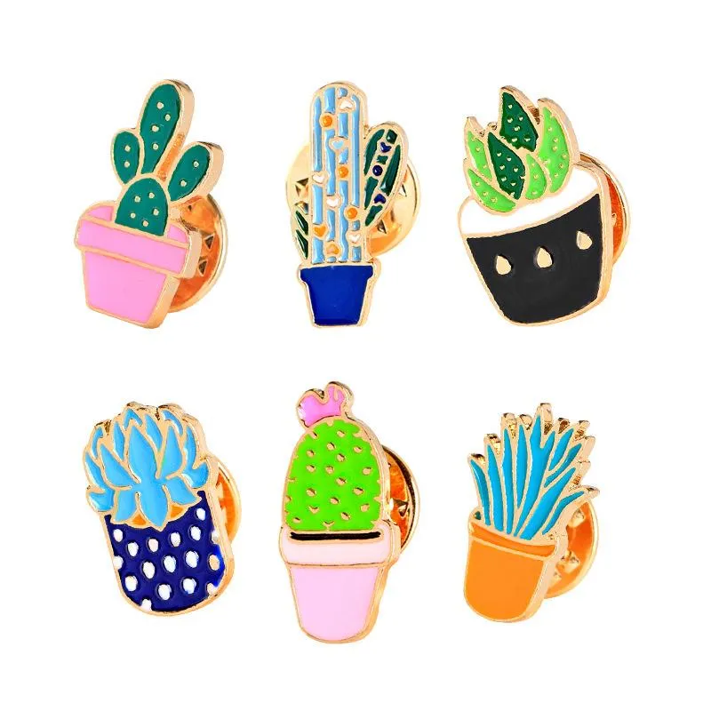 Pins, broches 6 estilos cacto dos desenhos animados bonito mini planta em vaso esmalte adorável jóias acessórios lapela pino saco mochila camisa