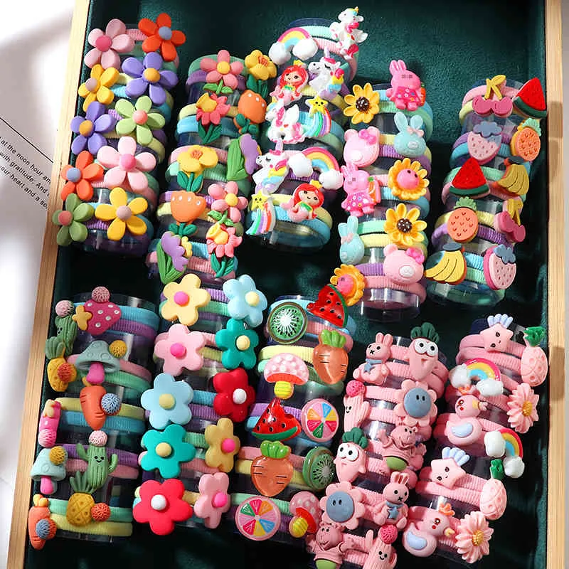 10 unids/set de bandas de goma para niñas, bandas elásticas con personajes de dibujos animados de arcoíris, tocados de flores y frutas, accesorios bonitos para el cabello para niñas