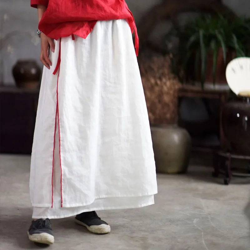 Johnature femmes blanc a-ligne jupes taille élastique Ramie Vintage printemps Patchwork femmes jupes décontractées 210521