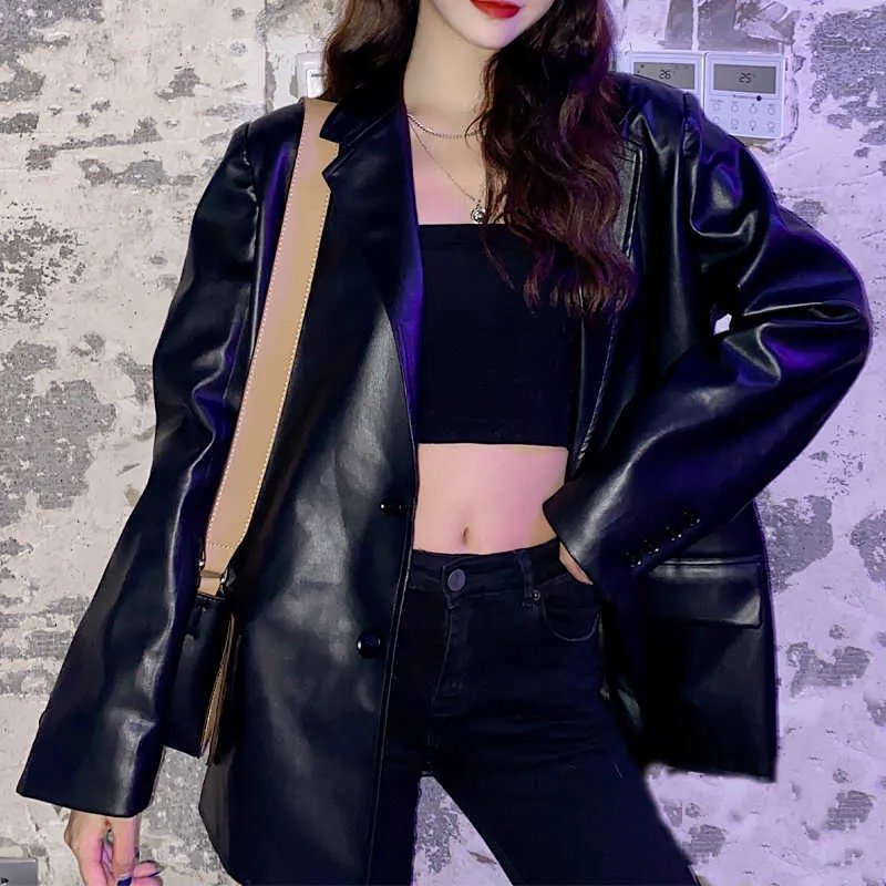 Casual Club Leather Moto Jacket Kvinnor Lös Vintage Långärmad Ytterkläder Coat Fashion Streetwear Koreansk Chic Putop Spring 210604