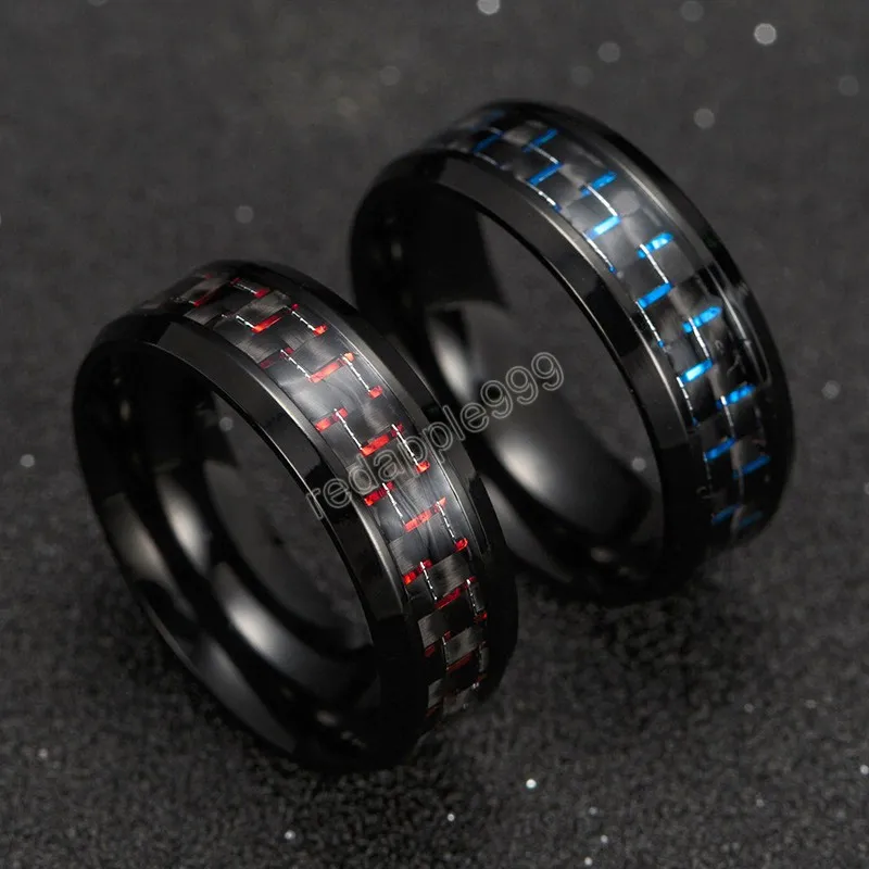Anel de aço titânio de fibra de carbono para unisex casal anéis de aço inoxidável preto acessórios de jóias vermelhas