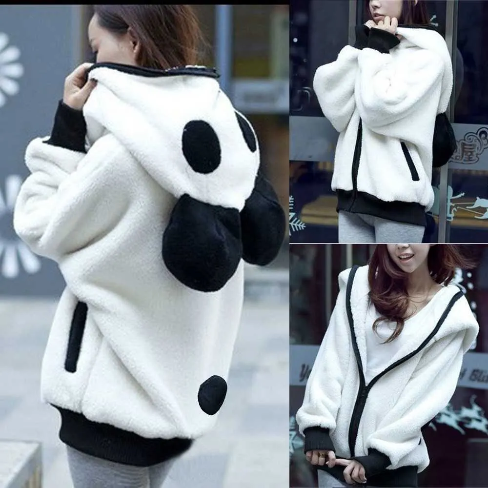 Felpa con cappuccio carina Giacca invernale con orecchio di panda orso carino Giacca con cappuccio da donna con animali Felpa femminile in bianco e nero 210712