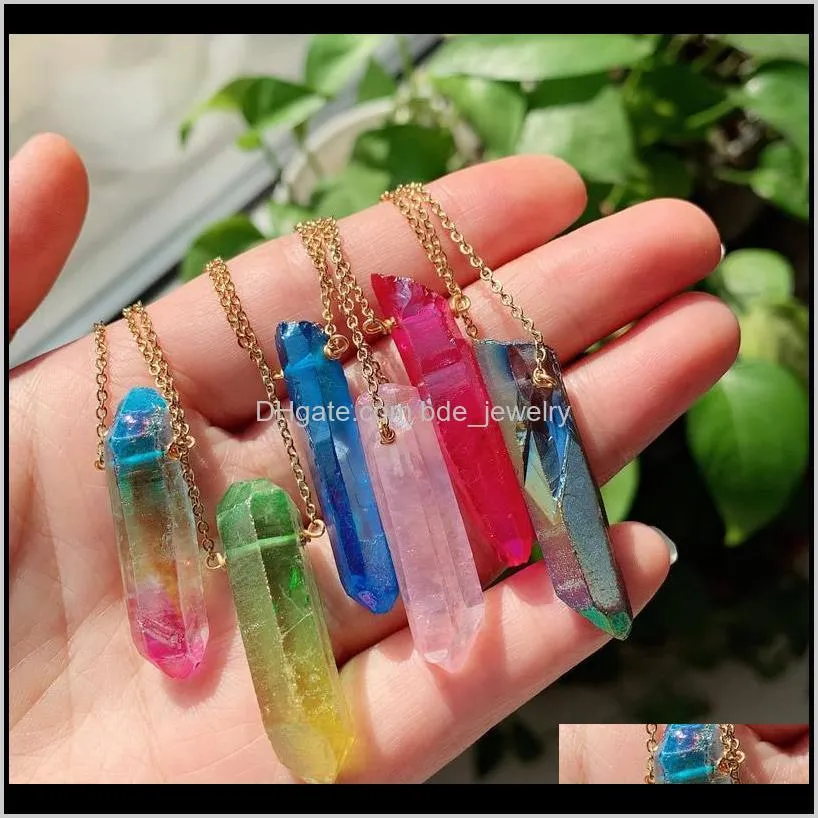 Pendentifs bijoux pierre de guérison pendule cristal de roche collier en acier inoxydable chaîne tour de cou chakra arc-en-ciel point naturel quartz pendentif collier