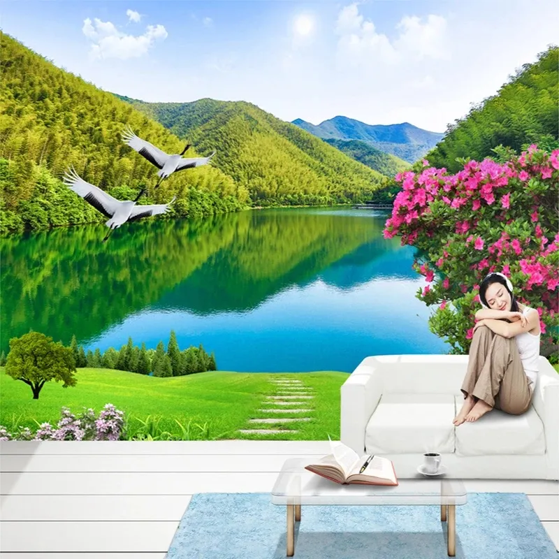 Aangepaste 3D -foto zelfklevend behang HD Forest Mountain Lake Natural Landscape Painting Living Room Achtergrond Muur Muurschildering