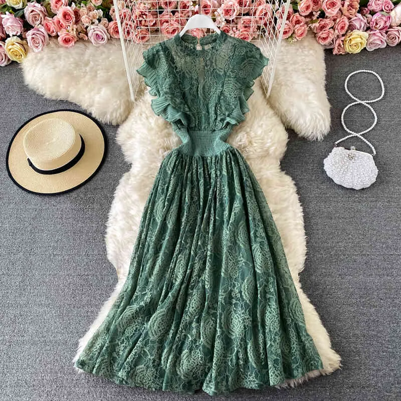 vintage lace midi dress Vintage Lace Swing Dress for Women - 1950s V Neck 3/4 Sleeve Belted A-Line Midi Dress