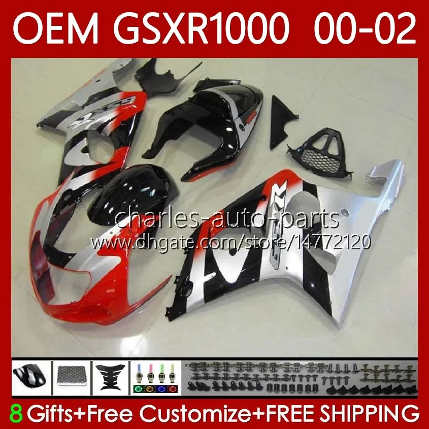 Kit corpo OEM per SUZUKI GSXR 1000 CC GSXR-1000 01-02 Carrozzeria 62No.32 GSXR1000 K2 1000CC 2001 2002 2002 GSX-R1000 GSX R1000 00 01 02 Stampo a iniezione Carenature rosso argenteo blk